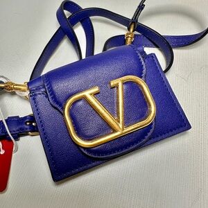 VALENTINO GARAVANI Men's V-logo Leather Card Case in Blue Royal
